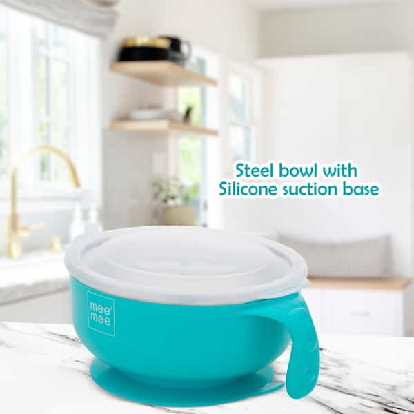 Meemee Stay Warm Baby Steel Bowl With Suction Base (Blue) - Steel (Blue)