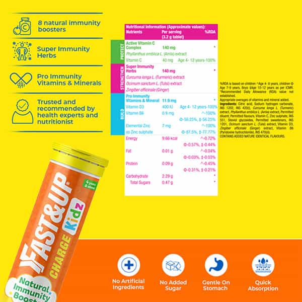 Fast&Up Charge Kids - Natural Immunity Booster - 25 Effervescent Tablets- Mango