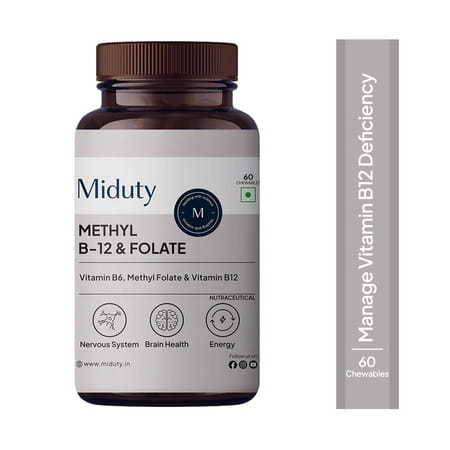 Miduty Vitamin B12 - Methyl Folate - Fast Absorption Methylcoblamin- Vitamin B6 - 60 Chewables