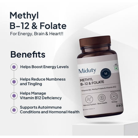 Miduty Vitamin B12 - Methyl Folate - Fast Absorption Methylcoblamin- Vitamin B6 - 60 Chewables