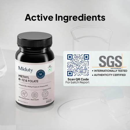 Miduty Vitamin B12 - Methyl Folate - Fast Absorption Methylcoblamin- Vitamin B6 - 60 Chewables