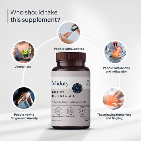 Miduty Vitamin B12 - Methyl Folate - Fast Absorption Methylcoblamin- Vitamin B6 - 60 Chewables