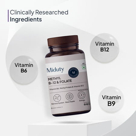 Miduty Vitamin B12 - Methyl Folate - Fast Absorption Methylcoblamin- Vitamin B6 - 60 Chewables