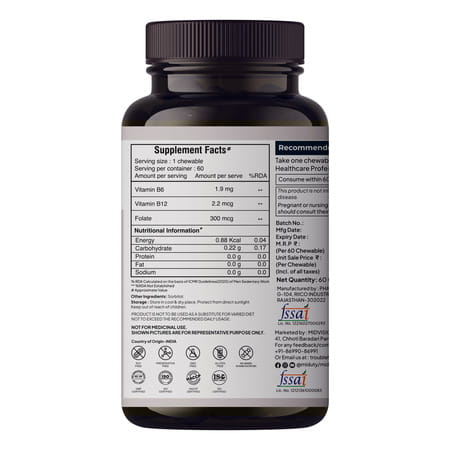 Miduty Vitamin B12 - Methyl Folate - Fast Absorption Methylcoblamin- Vitamin B6 - 60 Chewables