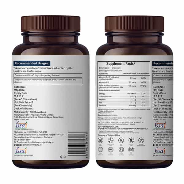 Miduty Vitamin B12 | Bioactive B-Complex With B6 & B9 | Energy | Brain & Nerve - 60 Chewables