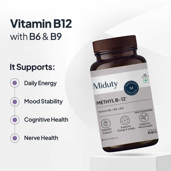 Miduty Vitamin B12 | Bioactive B-Complex With B6 & B9 | Energy | Brain & Nerve - 60 Chewables