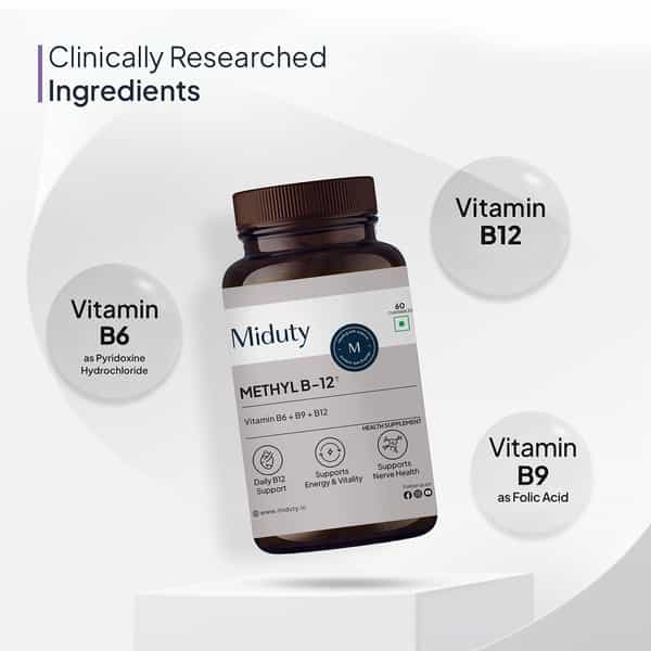 Miduty Vitamin B12 | Bioactive B-Complex With B6 & B9 | Energy | Brain & Nerve - 60 Chewables
