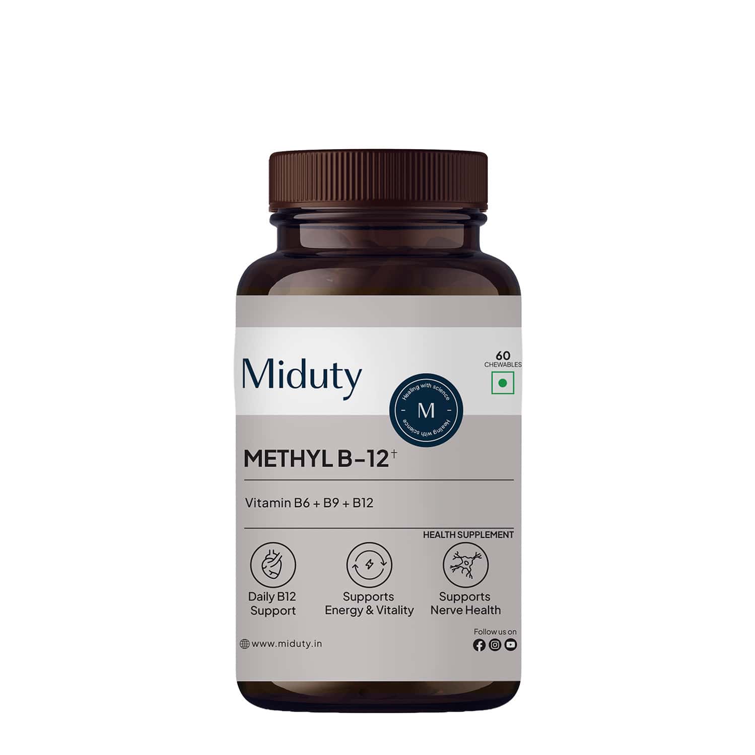 Miduty Vitamin B12 - Methyl Folate - Fast Absorption Methylcoblamin- Vitamin B6 - 60 Chewables