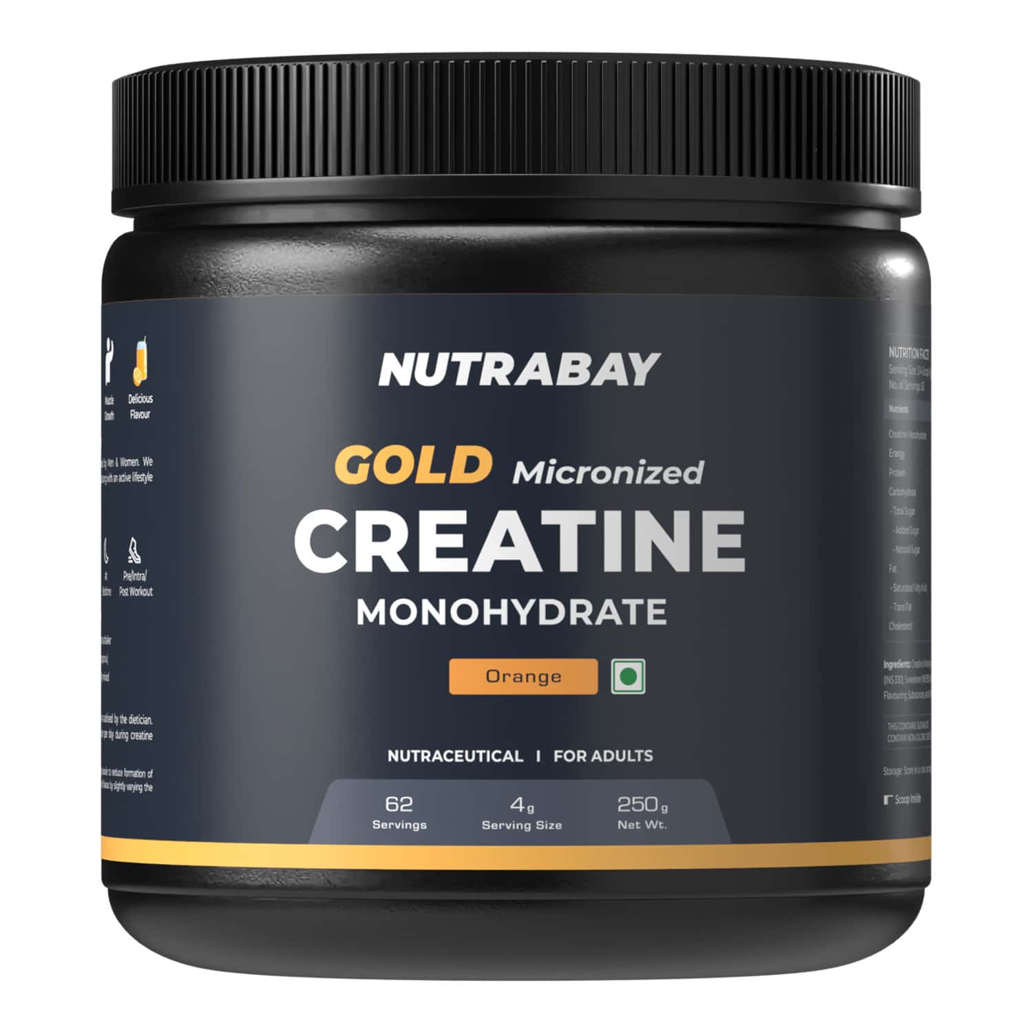 Nutrabay Gold Micronised Creatine Monohydrate - 250g | Orange|pre/post Workout Supplement