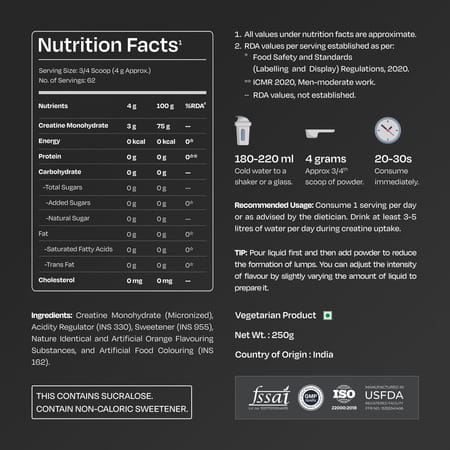 Nutrabay Gold Micronised Creatine Monohydrate - 250G | Orange|Pre/Post Workout Supplement
