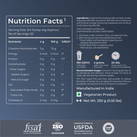 Nutrabay Gold Micronised Creatine Monohydrate - 250g | Orange|Pre/Post Workout Supplement