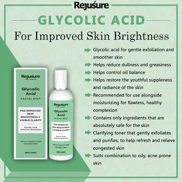Rejusure Glycolic Acid Face Mist Toner For Improved Skin Brightness & Visible Clarity - 100 Ml