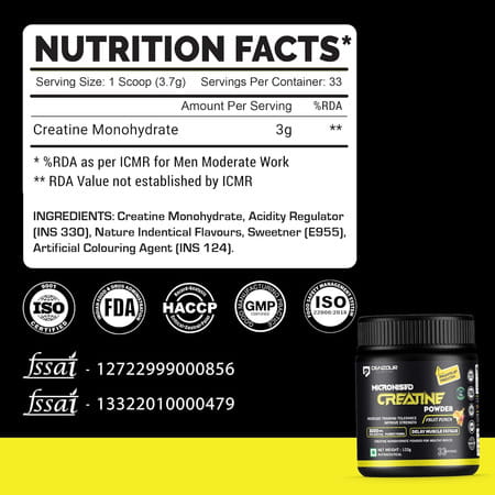 Denzour Nutrition Pure Micronised Creatine Monohydrate Powder | 3g Per Serve (122g | Fruit Punch)