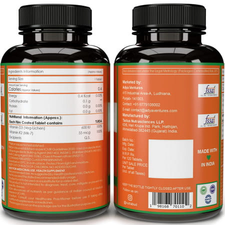 Nutrabud Vitamin D3+K2 Mk7 | Plant Based | 120 Veg Tablets