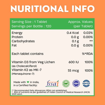 Nutrabud Vitamin D3+K2 Mk7 | Plant Based | 120 Veg Tablets