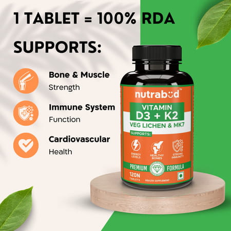 Nutrabud Vitamin D3+K2 Mk7 | Plant Based | 120 Veg Tablets