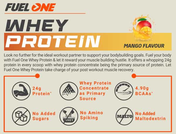 Fuel One Whey Protein | Mango | 1Kg (2.2Lbs) | 24G Protein Per Scoop | 4.90G Bcaa