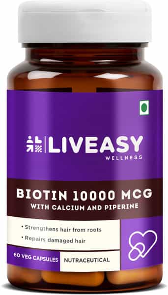 Liveasy Wellness Biotin 10000Mcg With Calcium - Prevents Hair Fall - Bottle Of 60