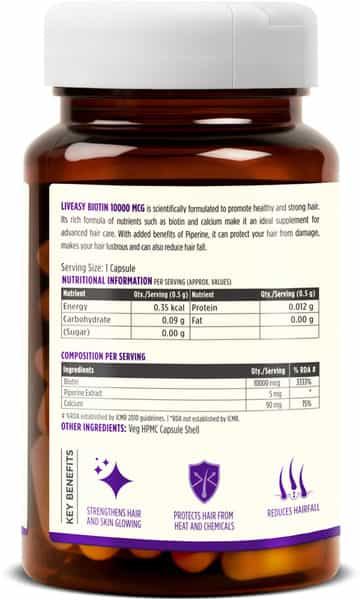 Liveasy Wellness Biotin 10000Mcg With Calcium - Prevents Hair Fall - Bottle Of 60