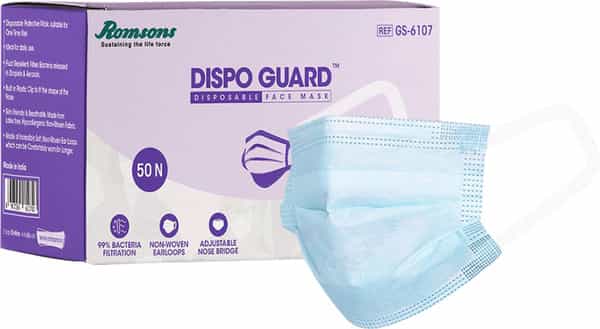 Romsons Dispo Guard 3 Ply Face Mask With Softest Ear Loops 50 Pcs