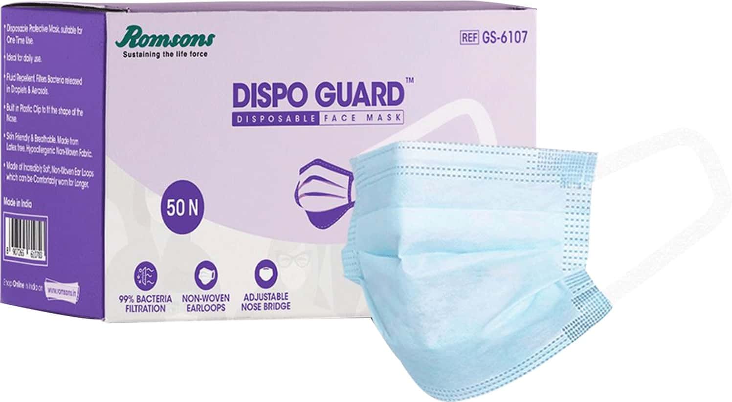 Buy ROMSONS DISPO GUARD 3 PLY FACE MASK WITH SOFTEST EAR LOOPS, 50 PCS