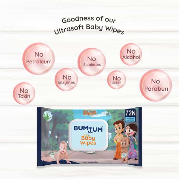 Bumtum Baby Chota Bheem Wet Wipes With Lid Aloe Vera | Paraben Free(Pack Of 1 | 72 Pcs.per Pack)