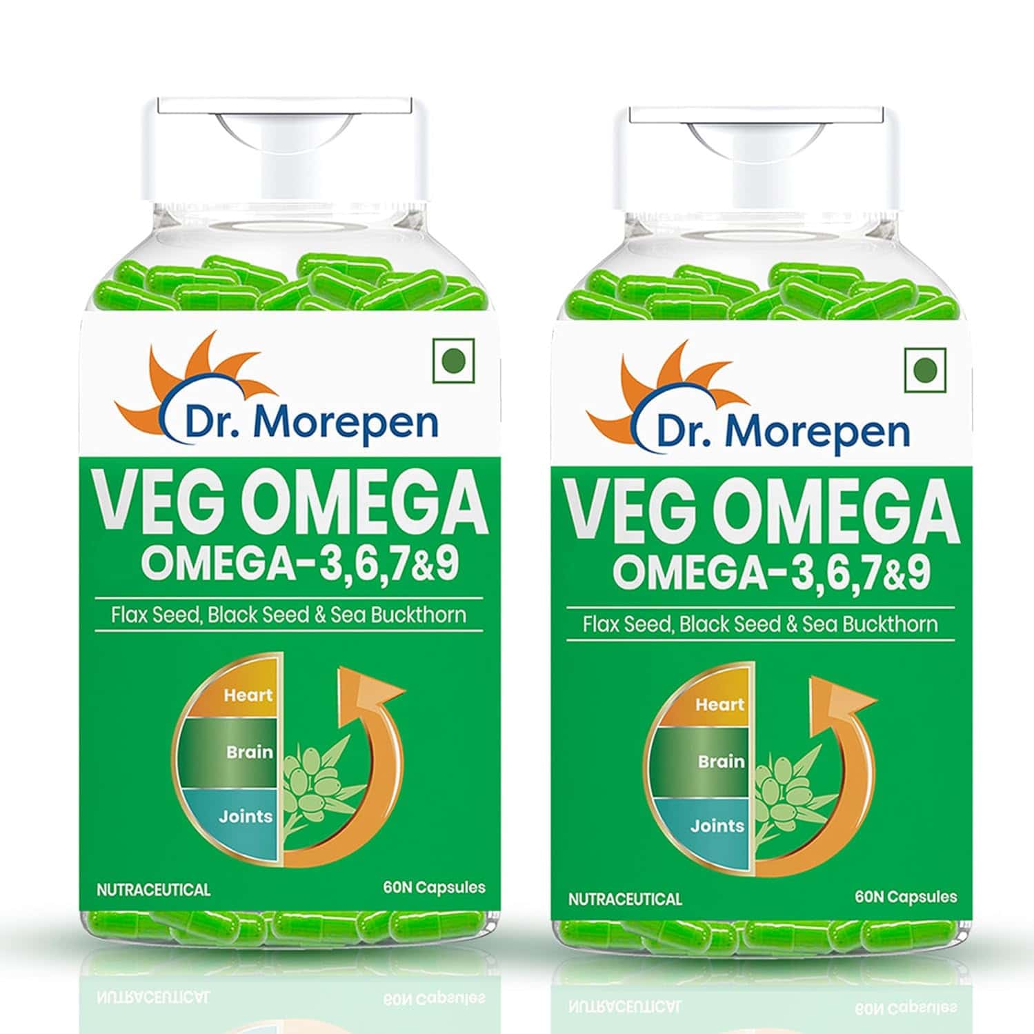 Dr. Morepen Veg Omega 3 6 7 9 Capsules 500mg For Healthy Heart | Brain | Joints|60 Capsules | 2 Pack