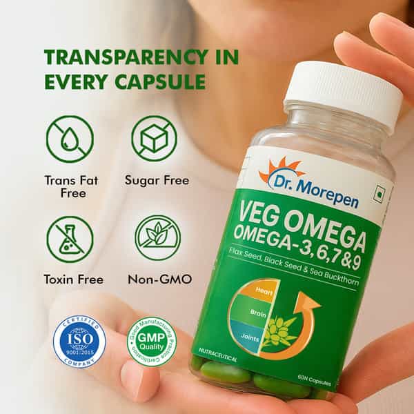Dr. Morepen Veg Omega 3 6 7 9 Capsules 500Mg For Healthy Heart | Brain | Joints|60 Capsules | 2 Pack