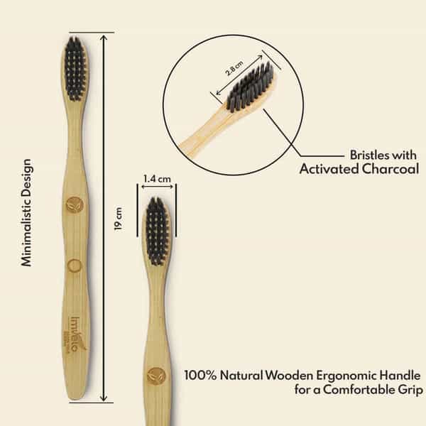 Imvelo Bamboo Toothbrush With Charcoal Activated Soft Bristles (Adult- Pack Of 4)