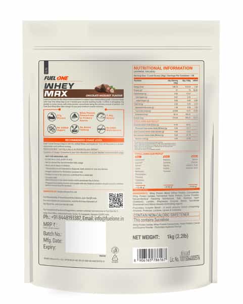 Fuelone Whey Max Protein Blend | Chocolate Hazelnut | 1Kg (2.2Lbs) | 27G Protein Per Scoop