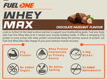 Fuelone Whey Max Protein Blend | Chocolate Hazelnut | 1Kg (2.2Lbs) | 27G Protein Per Scoop