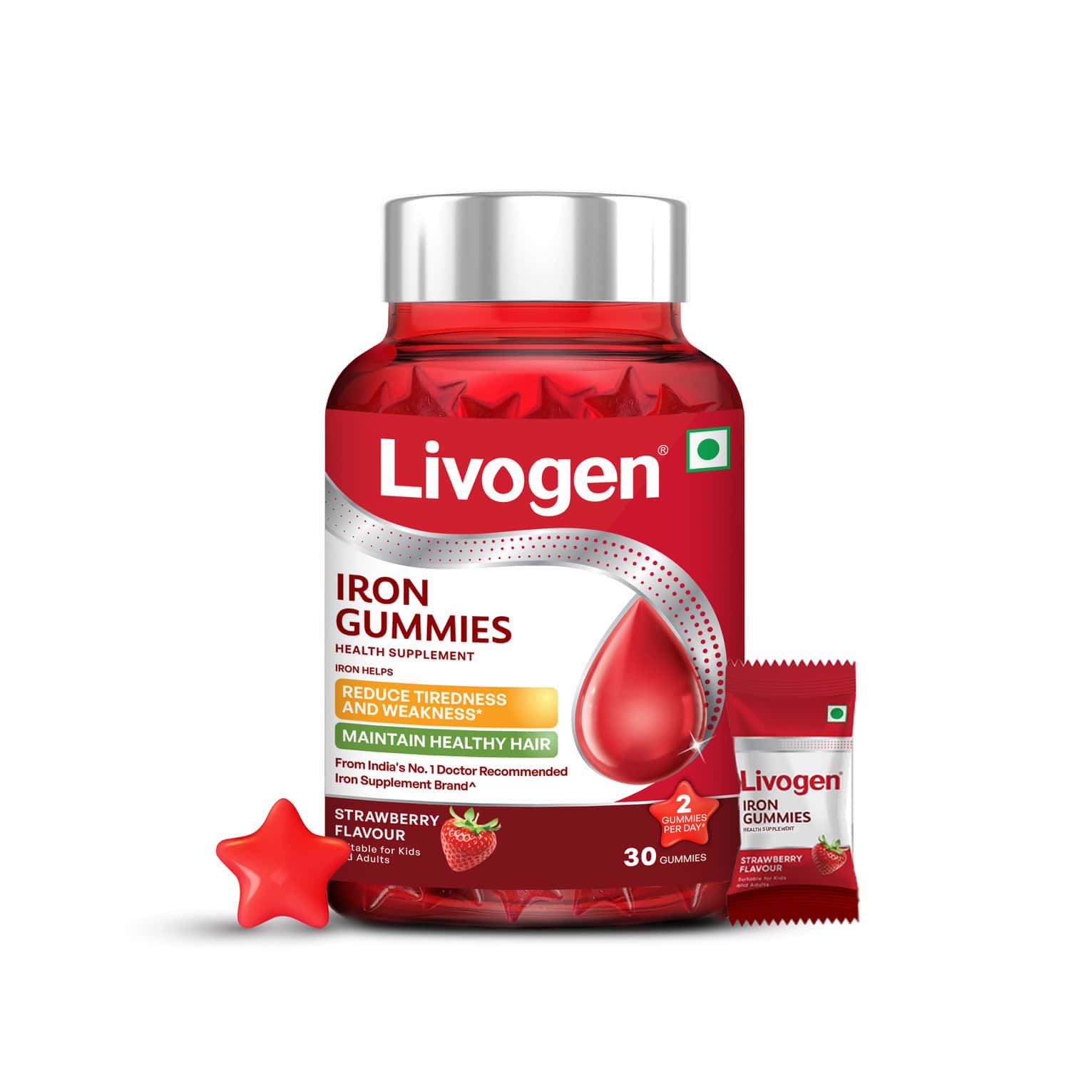Livogen Iron Strawberry Flavour Gummies For Kids And Adults Bottle 30 No'S