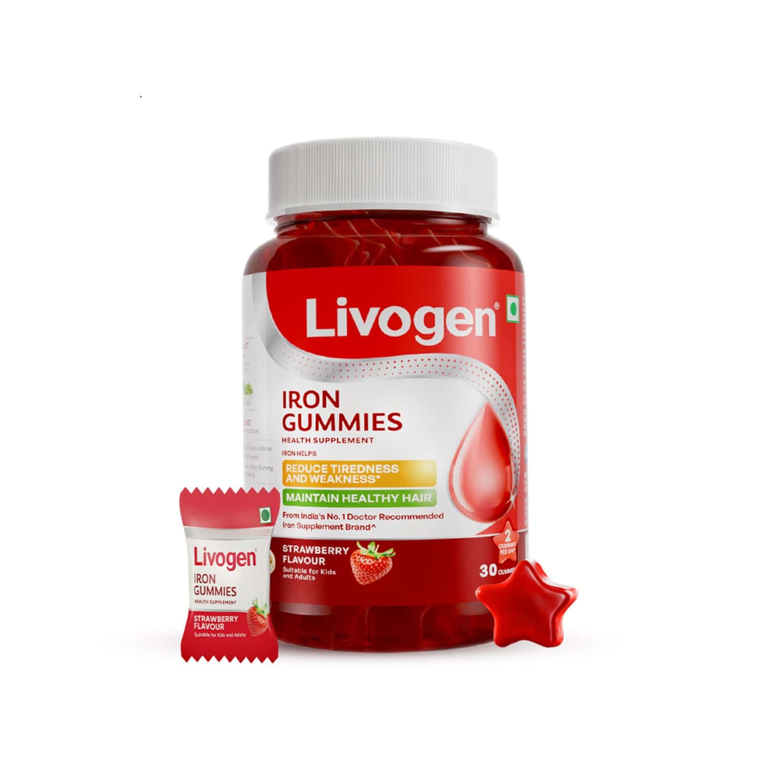 Livogen Iron Strawberry Flavour Gummies For Kids And Adults Bottle 30 No'S