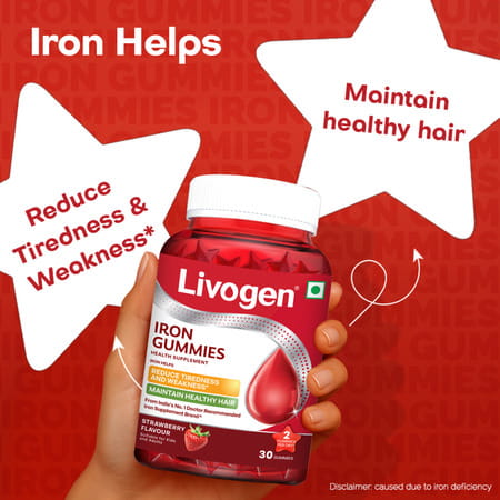 Livogen Iron Strawberry Flavour Gummies For Kids And Adults Bottle 30 No'S