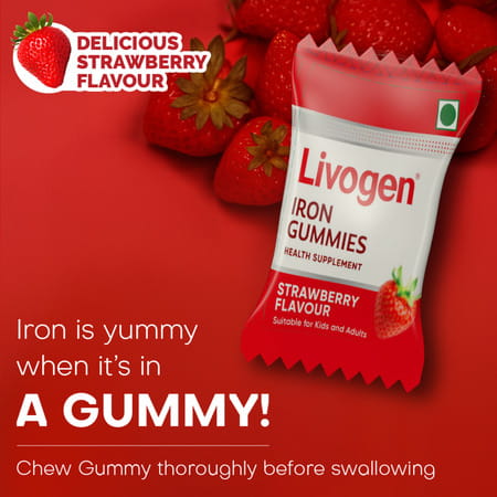 Livogen Iron Strawberry Flavour Gummies For Kids And Adults Bottle 30 No'S