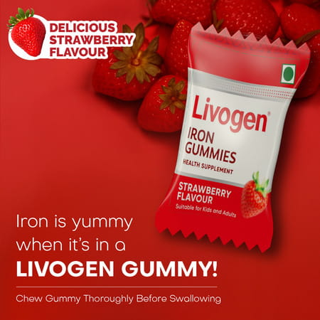 Livogen Iron Strawberry Flavour Gummies For Kids And Adults Bottle 30 No'S