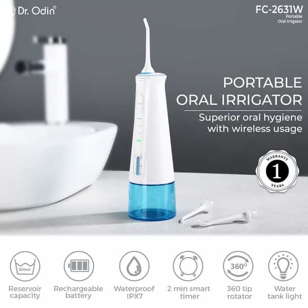 Dr. Odin Fc 2631 Oral Irrigator | Teeth Cleaning & Flossing | Waterproof Ipx7 300 Ml (White & Blue)
