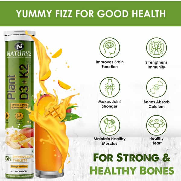 Naturyz 100% Plant Vitamin D3 K2 | Supports Stronger Immunity | Bone & Heart Health (15 Tablets)