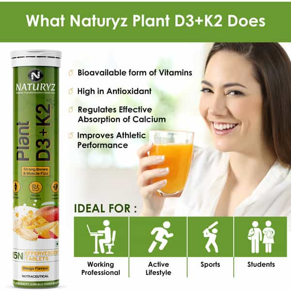 Naturyz 100% Plant Vitamin D3 K2 | Supports Stronger Immunity | Bone & Heart Health (15 Tablets)