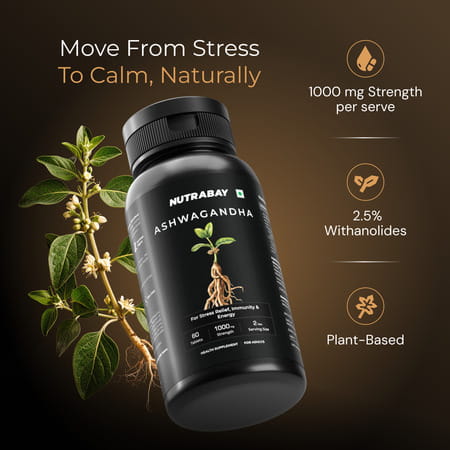 Nutrabay Wellness Ashwagandha Extract Tablet (Withania Somnifera) 1000mg - 60 Veg Tablets