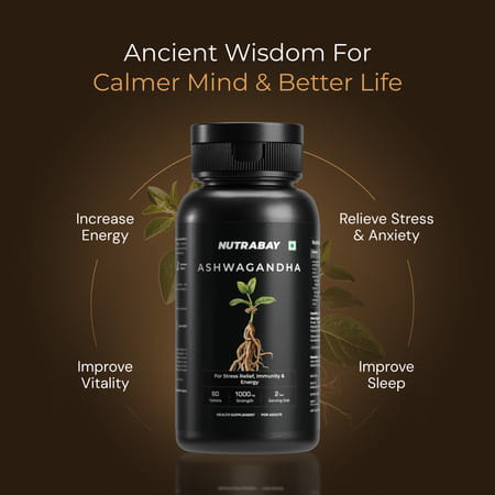 Nutrabay Wellness Ashwagandha Extract Tablet (Withania Somnifera) 1000mg - 60 Veg Tablets