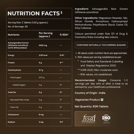 Nutrabay Wellness Ashwagandha Extract Tablet (Withania Somnifera) 1000mg - 60 Veg Tablets