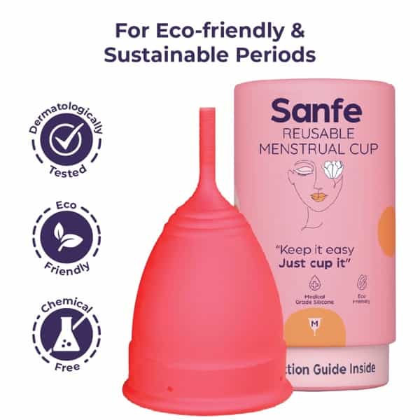 Sanfe Reusable Menstrual Cup With No Rashes Leakage Or Odor - Premium Design For Women - Medium