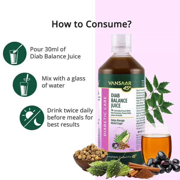 Vansaar 45+ Diab Balance Juice | Paneer Doda & Cinnamon | Reduce Blood Sugar | Boosts Insulin - 1.5L