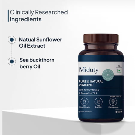 Miduty Pure & Natural Vitamin E - Cataract - Skin & Hair Health - Sunflower Oil Extract - 30 Softgel