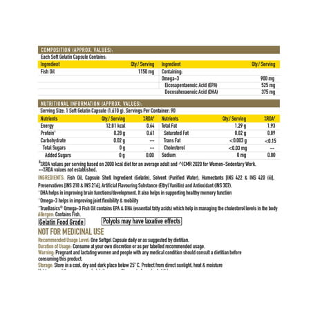 Truebasics Omega 3 Fish Oil | Triple Strength With 1150Mg Omega, 525Mg Epa & 375Mg Dha - 90 Capsules