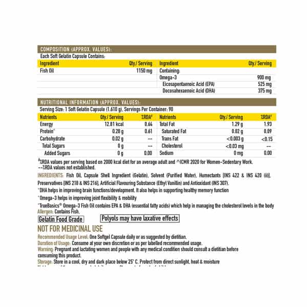 Truebasics Omega 3 Fish Oil | Triple Strength With 1150Mg Omega, 525Mg Epa & 375Mg Dha - 90 Capsules