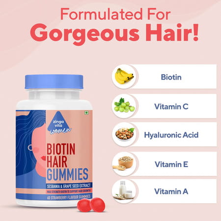 Zingavita Biotin Hair Gummies For Women Sugar Free 60 Veg Gummies
