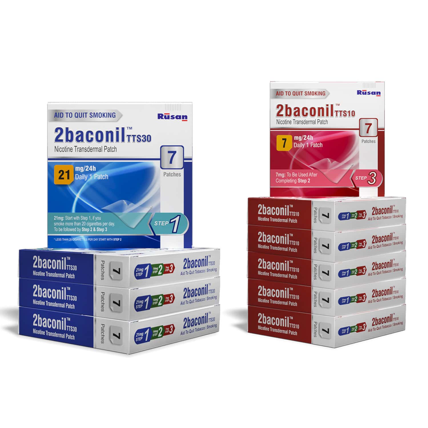 Rusan 2baconil Nicotine Patches | 3 Month Therapy Plan To Quit Smoking | Pack Of 8 (7mg) & 4 (21mg)