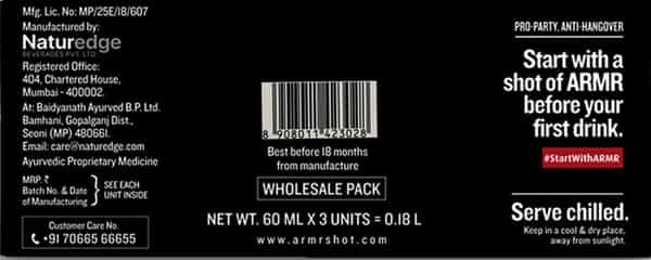 Armr Anti Hangover Shot Apple | Ayurveda Shot | Prevent Hangovers Pack Of 3 (60Ml X 3)